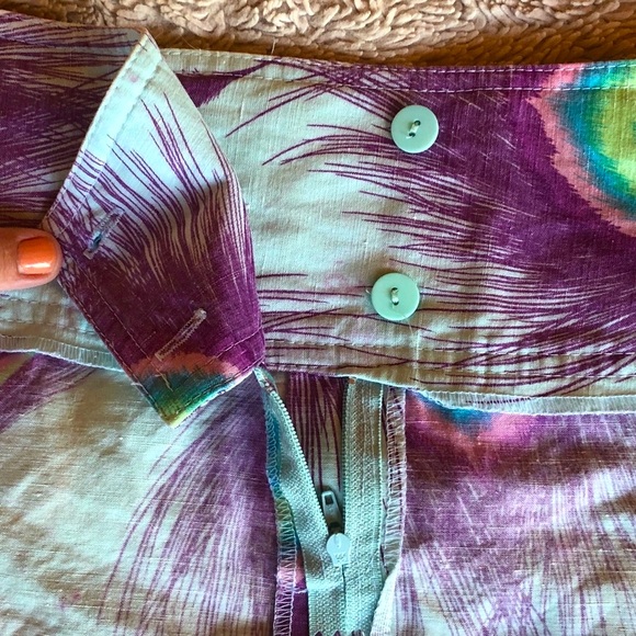 Vintage Y2K Neon Linen Nanette Lapore Baby Blue Mini skirt with Peacock Feathers - Picture 10 of 12